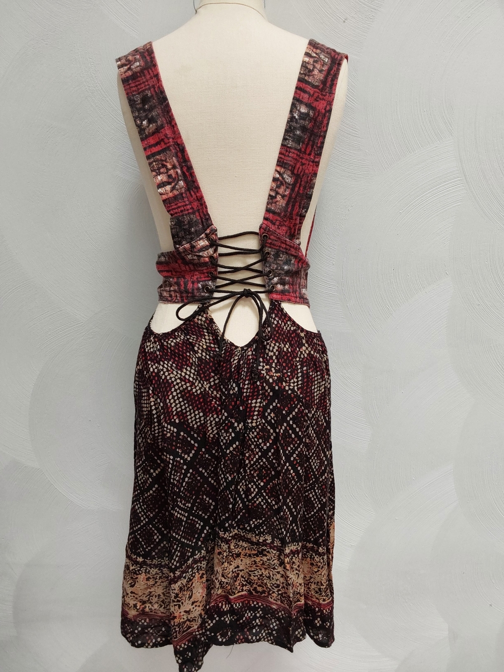 Free People Vintage Red and Black Patterned Corset Mini Dress M